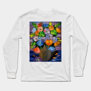 a beautiful bouquet of mixed flowers in a silver and turquoise and gold blend vase Long Sleeve T-Shirt